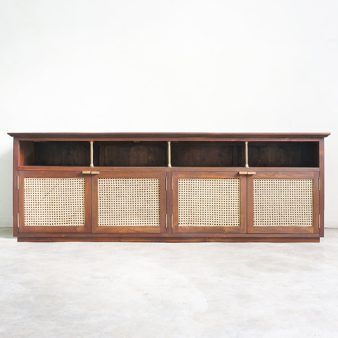 wood rattan brass tv console