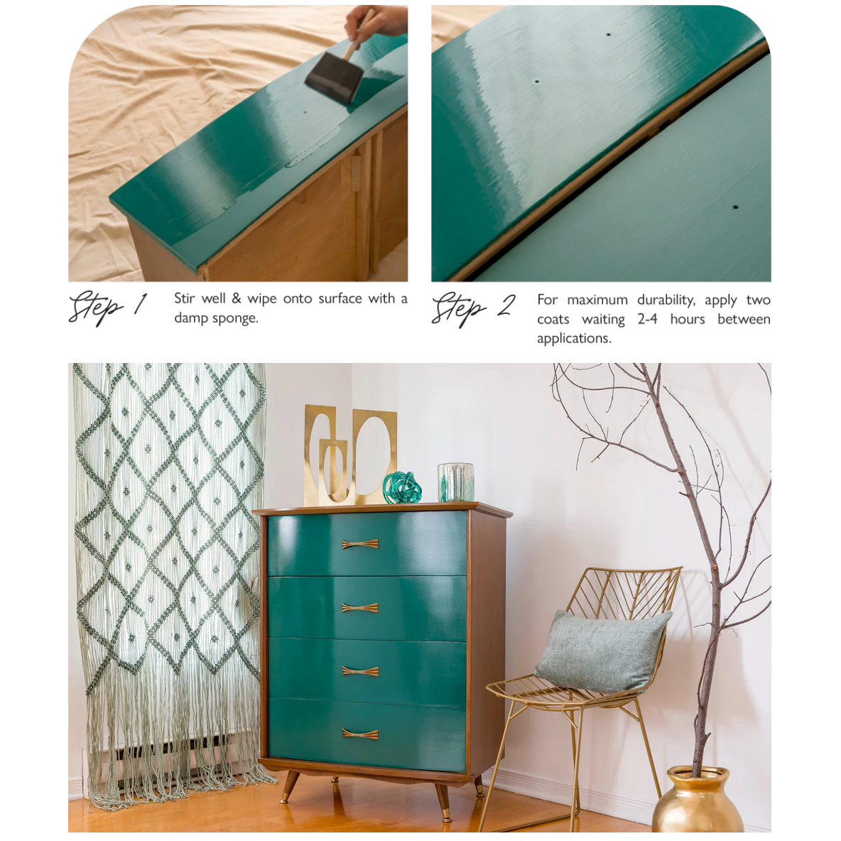 Teal dresser with gold accents in a room setting, showing application steps on a separate panel.