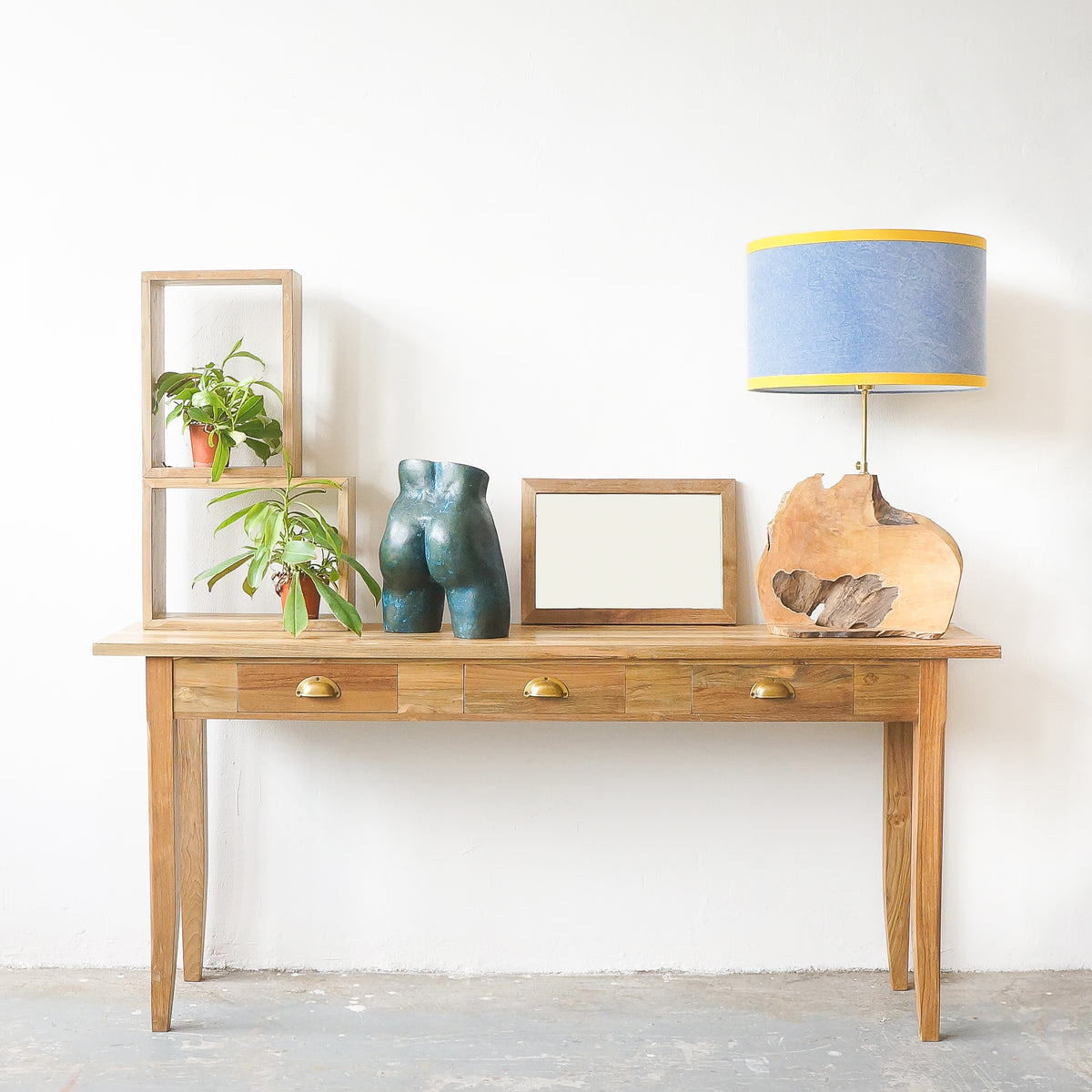 teak console with drawers